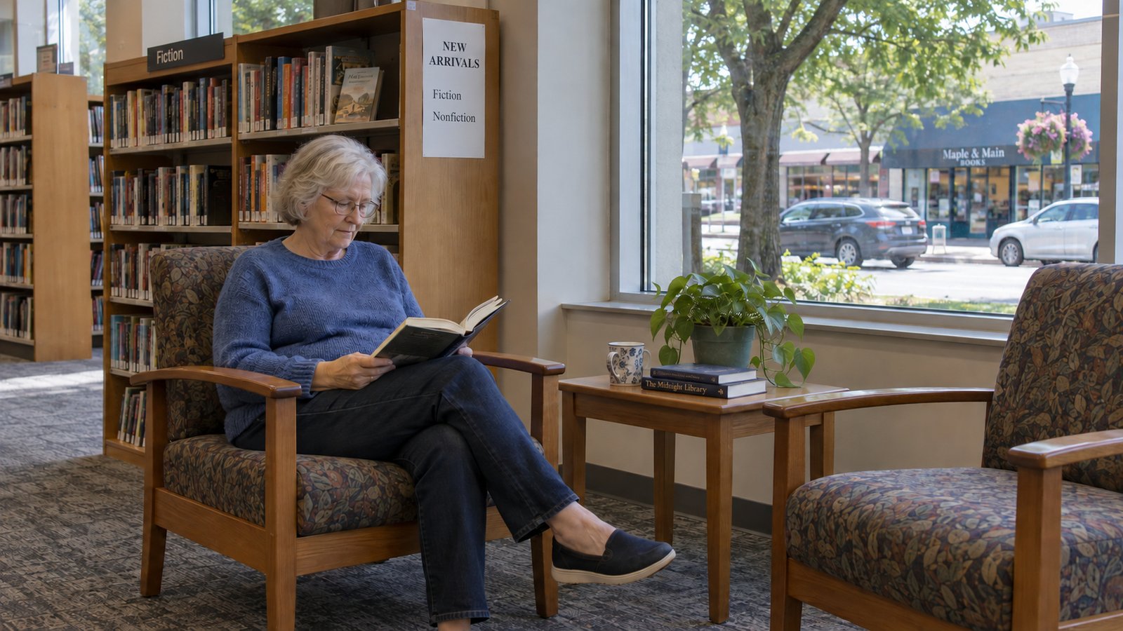 Settling into a reading routine An older adult reading a book in a library chair beside a window