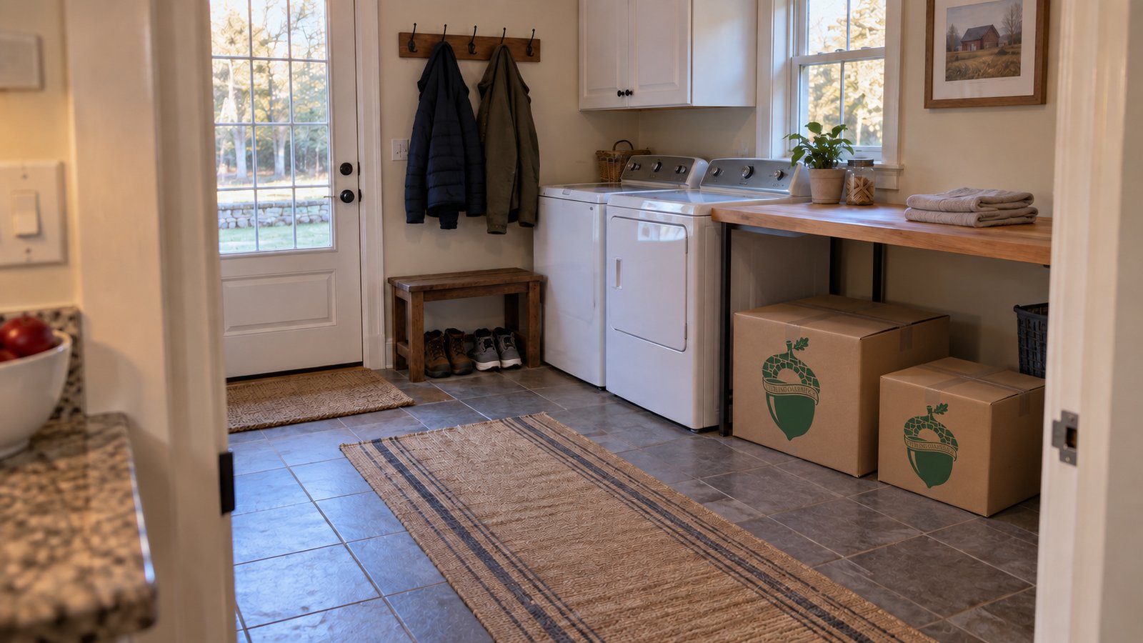 Comparing household storage and access A laundry room with a side entrance, a shoe bench and two closed kraft moving cartons