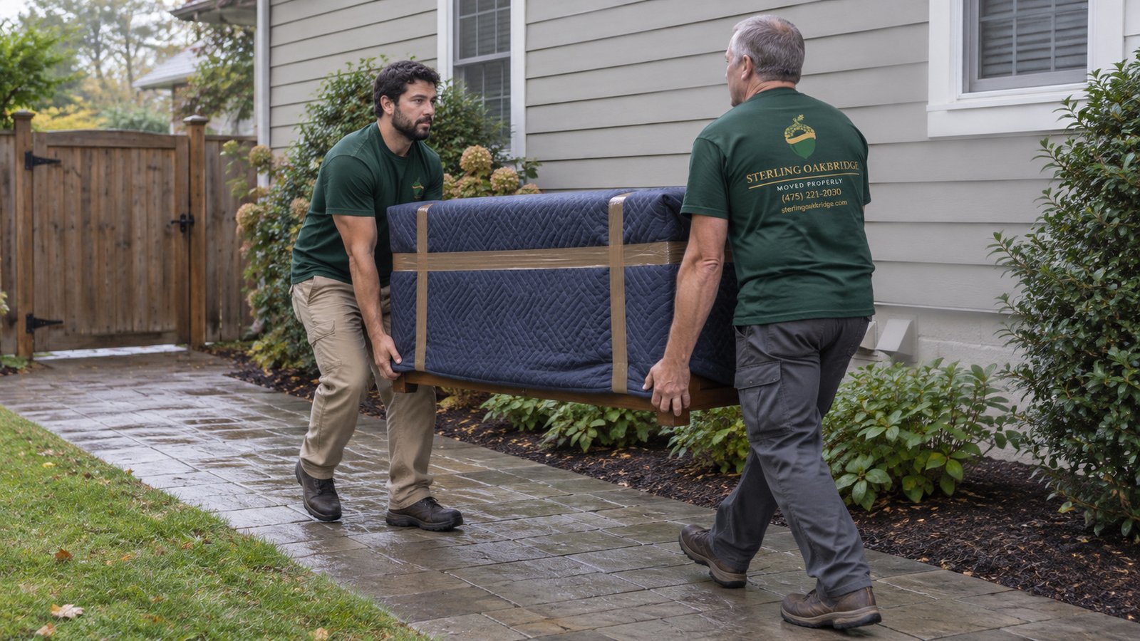Two Sterling Oakbridge movers carrying a blanket-protected cabinet along a level paved path