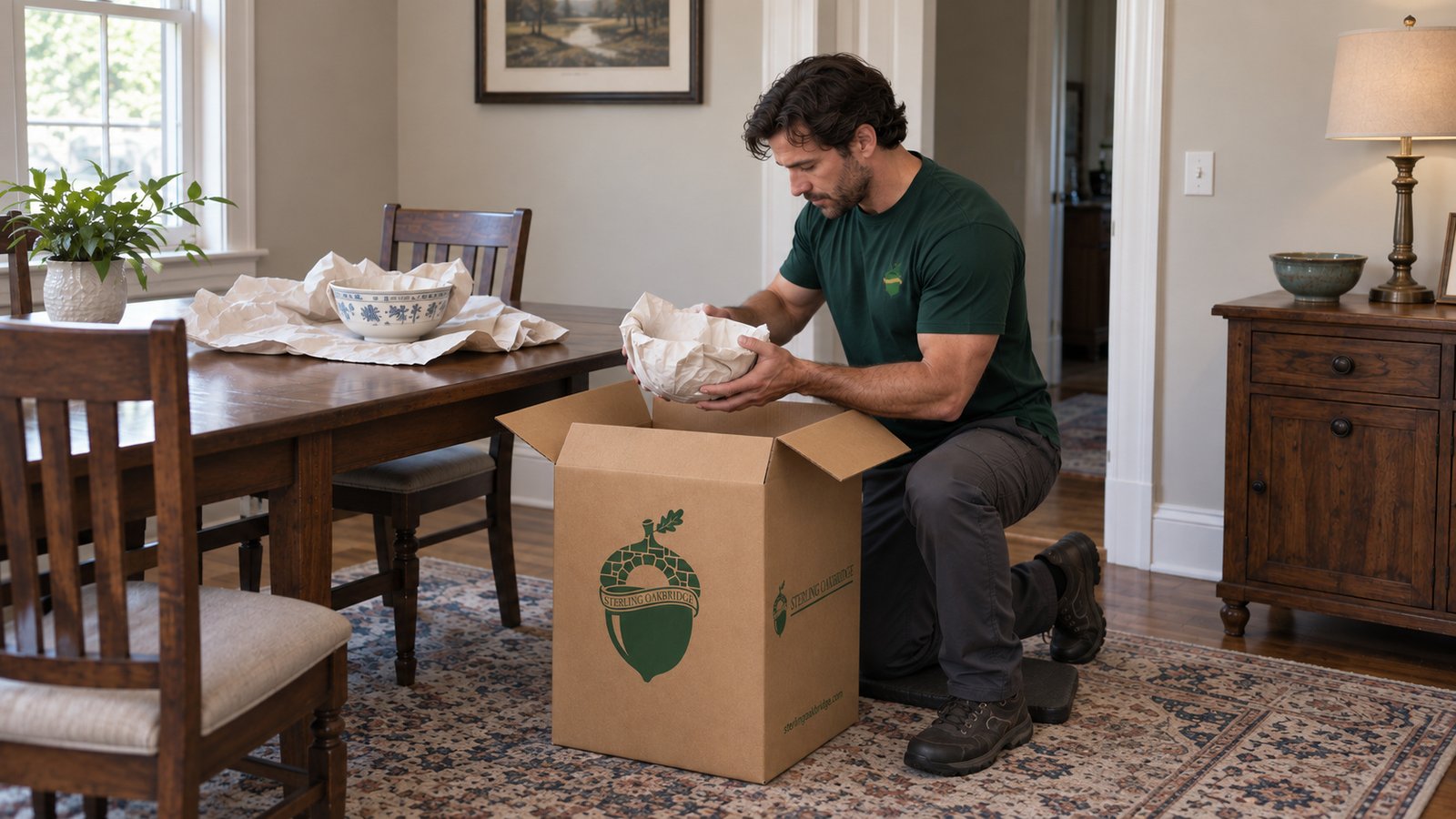 A kneeling Sterling Oakbridge mover holding a paper-wrapped serving bowl over an open kraft carton