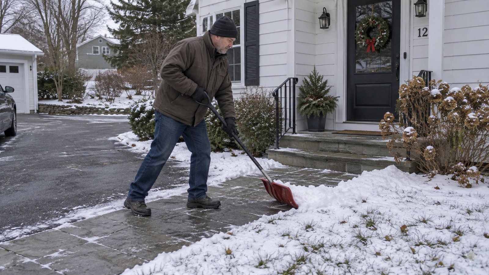 Preparing the entrance for winter An adult pushing light snow from a paved path toward the lawn beside a house entrance