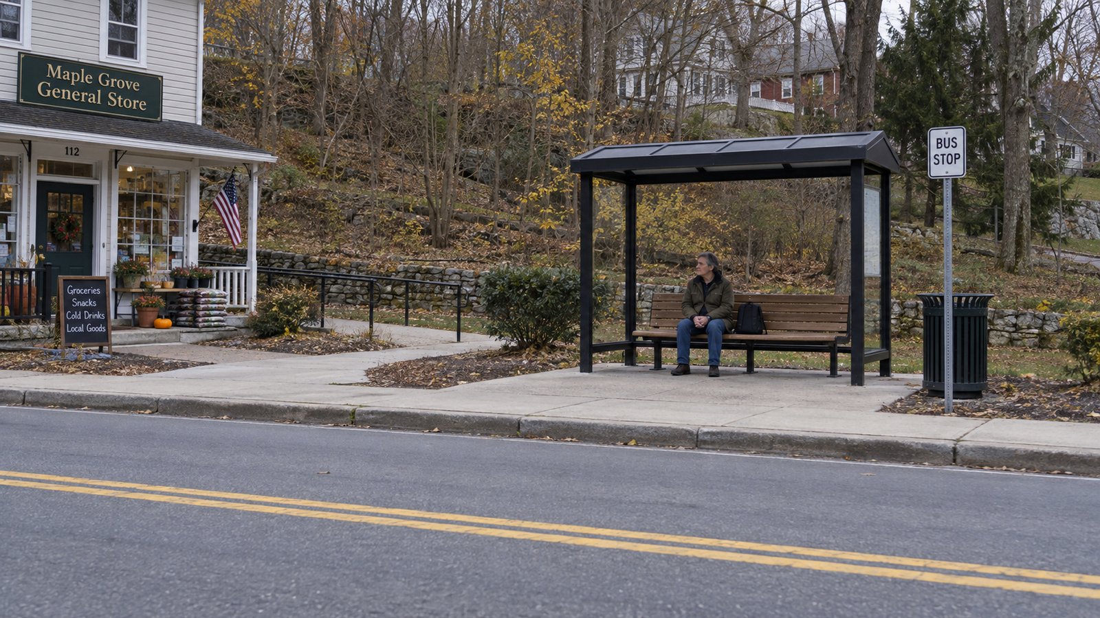 Planning a local connection An adult waiting on a bench in a roadside bus shelter beside a small store