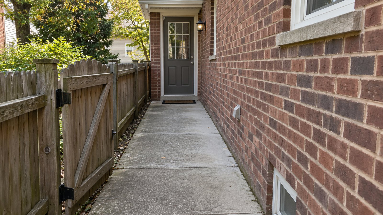 The path to the side entrance Clear concrete side path between a brick house and a wooden fence, with an open gate beside the path