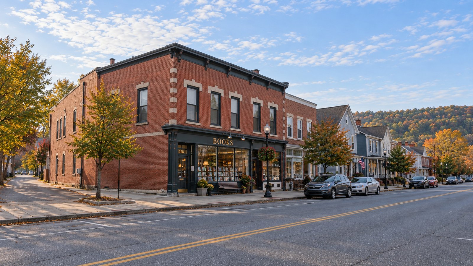 Brick corner bookshop and neighboring homes beside a quiet small-town street