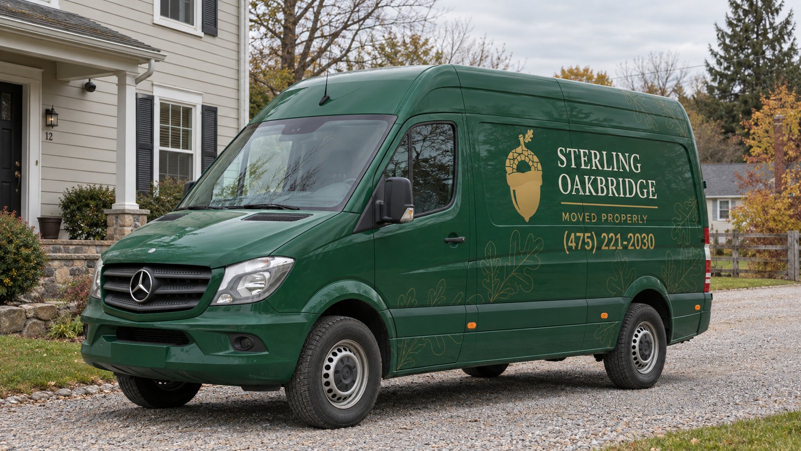 Planning the vehicle position Dark green Sterling Oakbridge Sprinter van parked on a gravel residential driveway