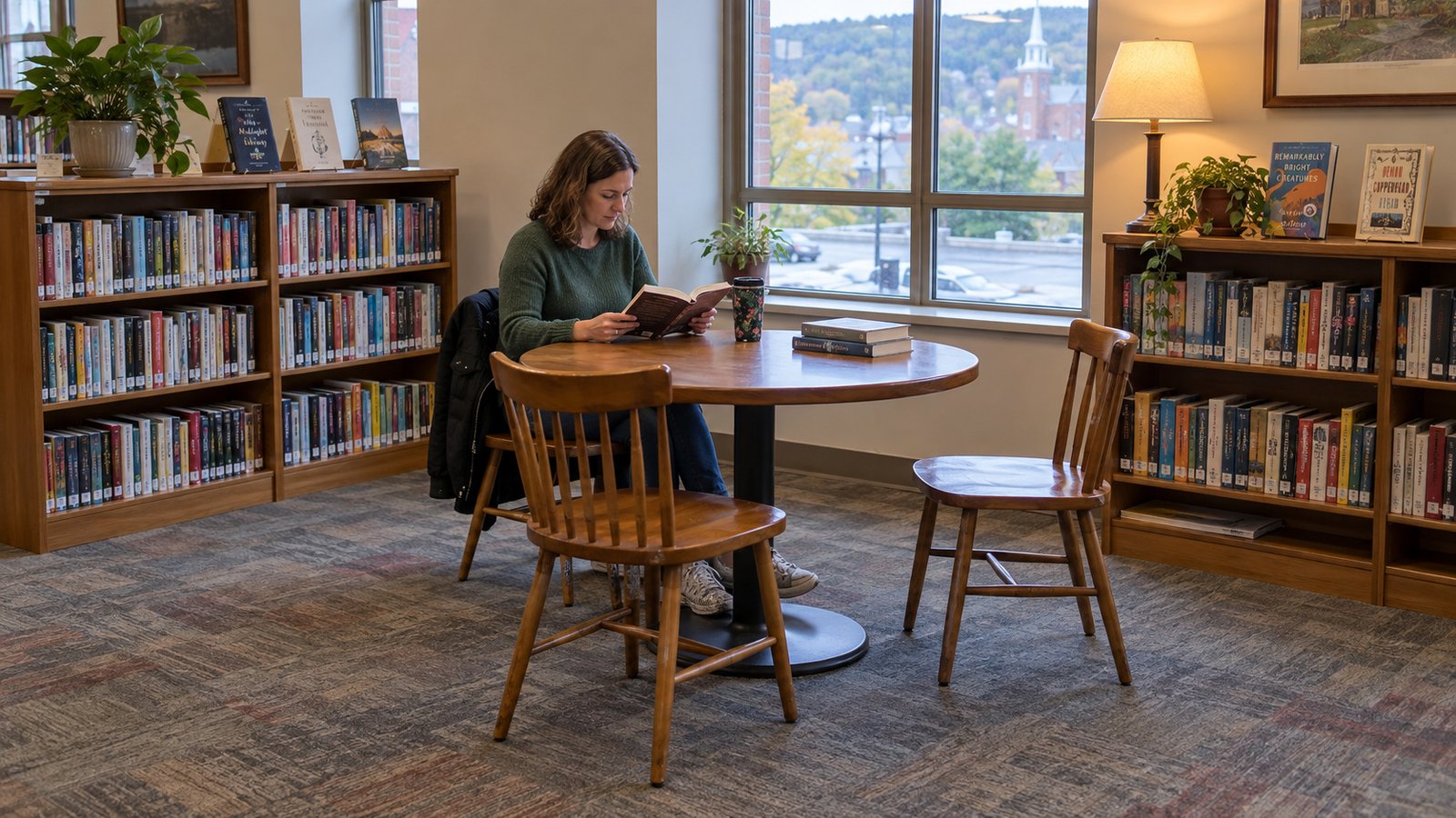 A woman reads at a round library table beside low bookshelves and wooden chairs