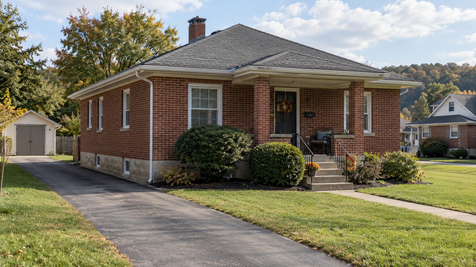 A brick bungalow and its approach Red-brick bungalow with a covered front porch, steps and a paved side driveway
