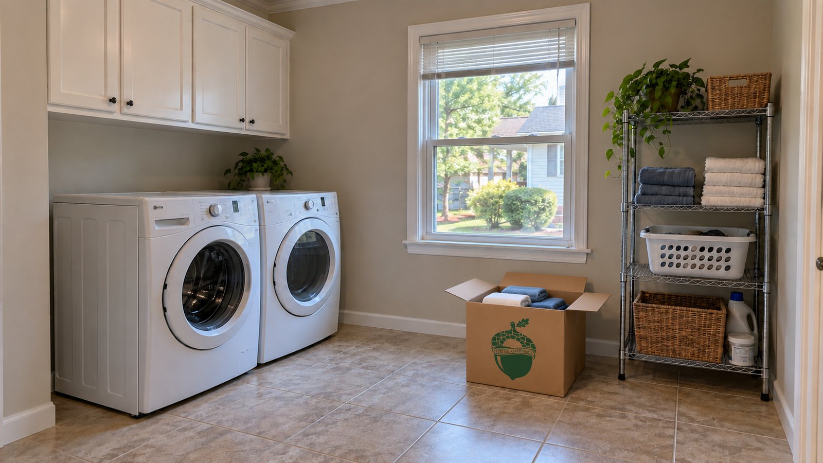 White washer and dryer, a metal storage shelf and an open Sterling Oakbridge carton holding folded towels