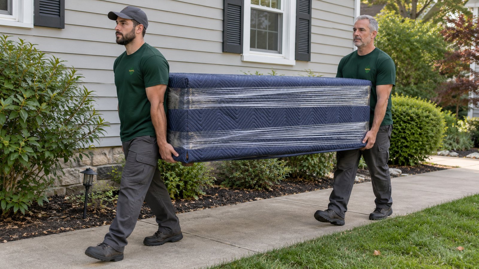 Moving a protected piece together Two Sterling Oakbridge movers carry a blanket-wrapped sideboard along a clear concrete path