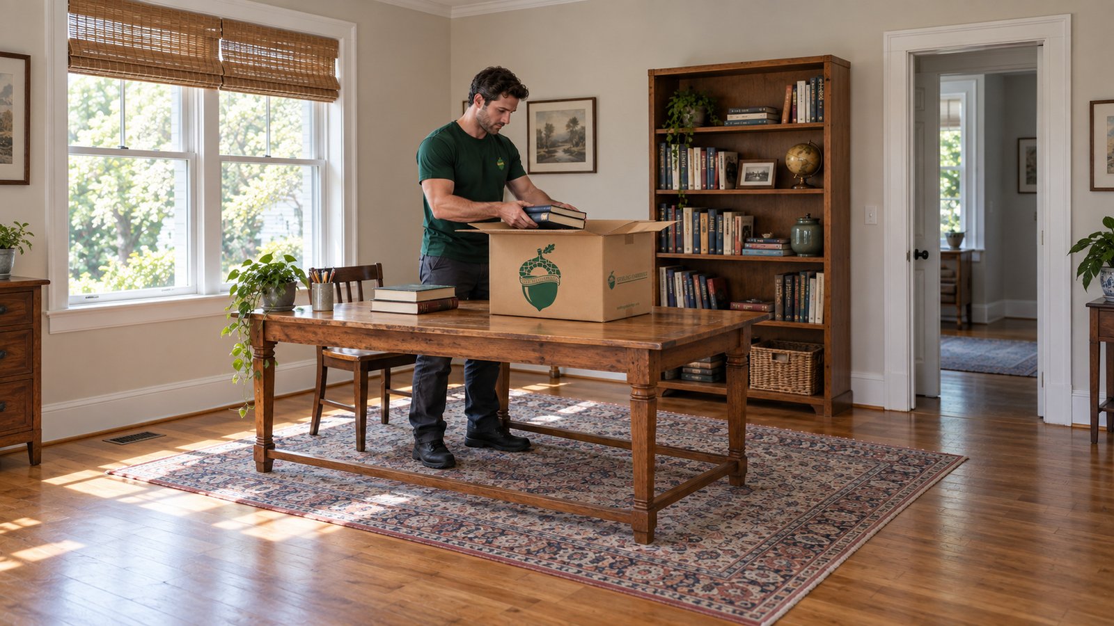 Preparing books for the move Sterling Oakbridge packer lowers two books into an open branded book carton on a wooden table