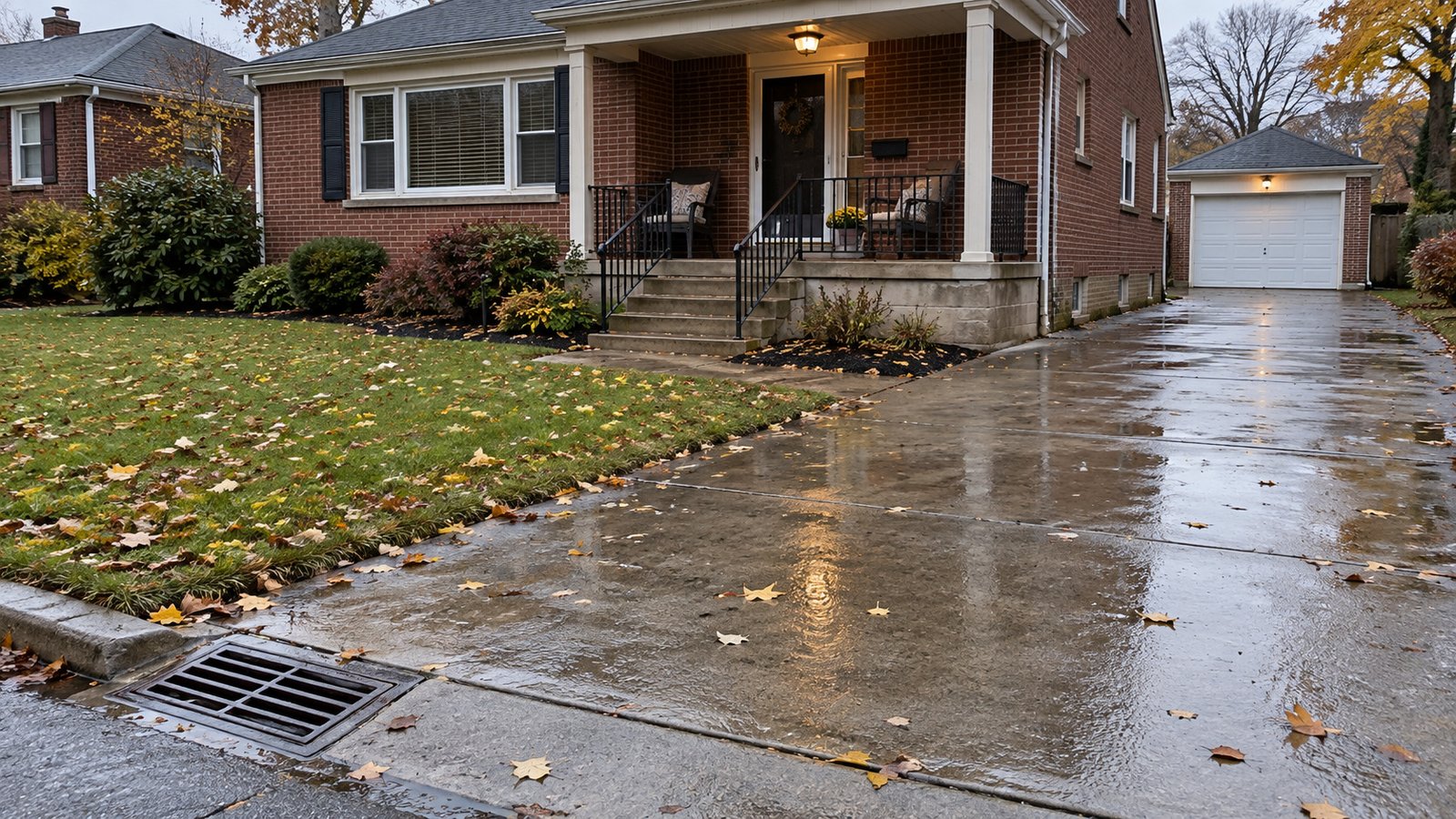 Rain-damp concrete driveway, a drainage grate and front steps at a brick house