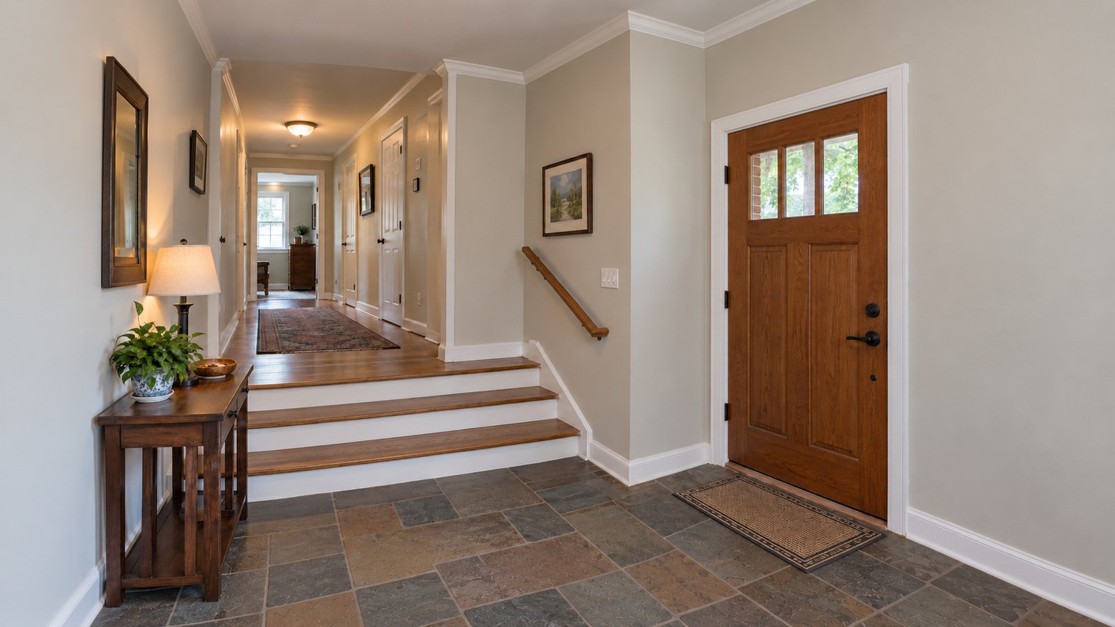 Internal changes of level Closed wood front door beside three indoor steps leading to an upper hall with a handrail.