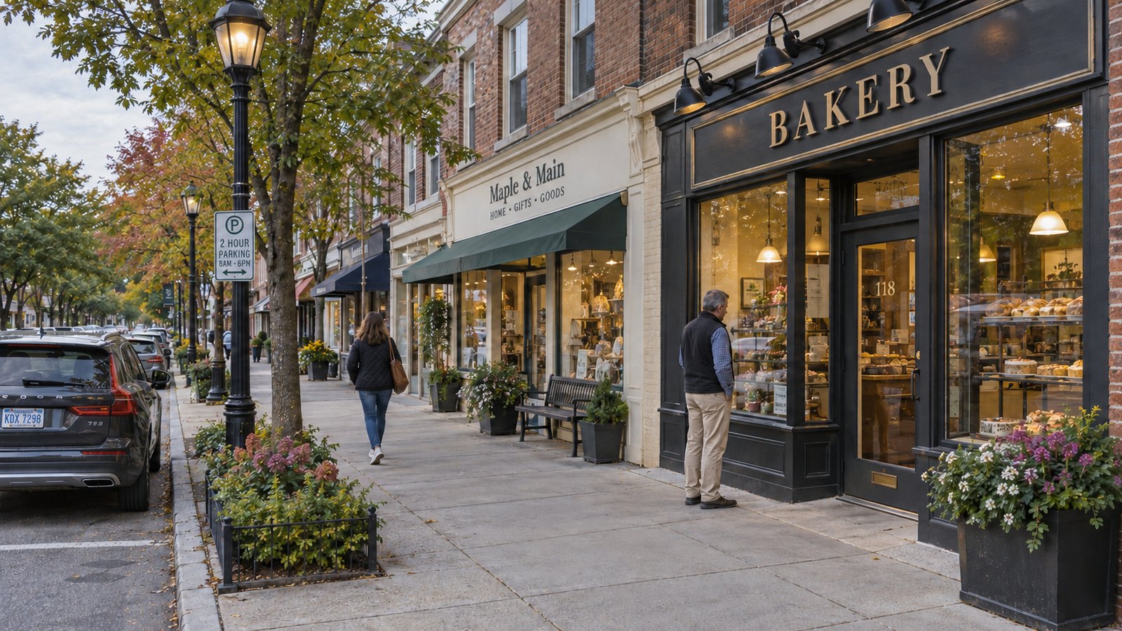 Exploring everyday errands Two pedestrians on a sidewalk beside low brick shops with bakery and shop signs.