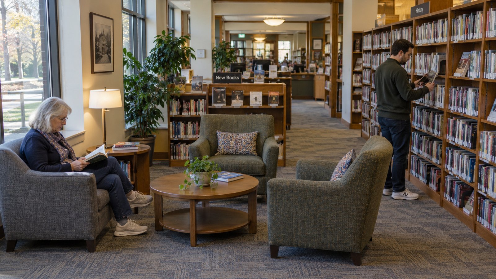 A first library visit Woman reading in a library chair while a man browses a bookcase beside a round table.