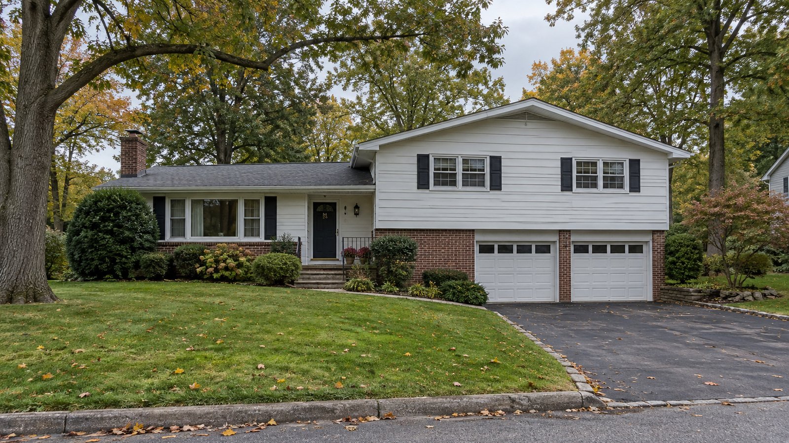 A suburban split-level exterior White-sided split-level house with a brick garage wing, two garage doors, driveway and lawn.