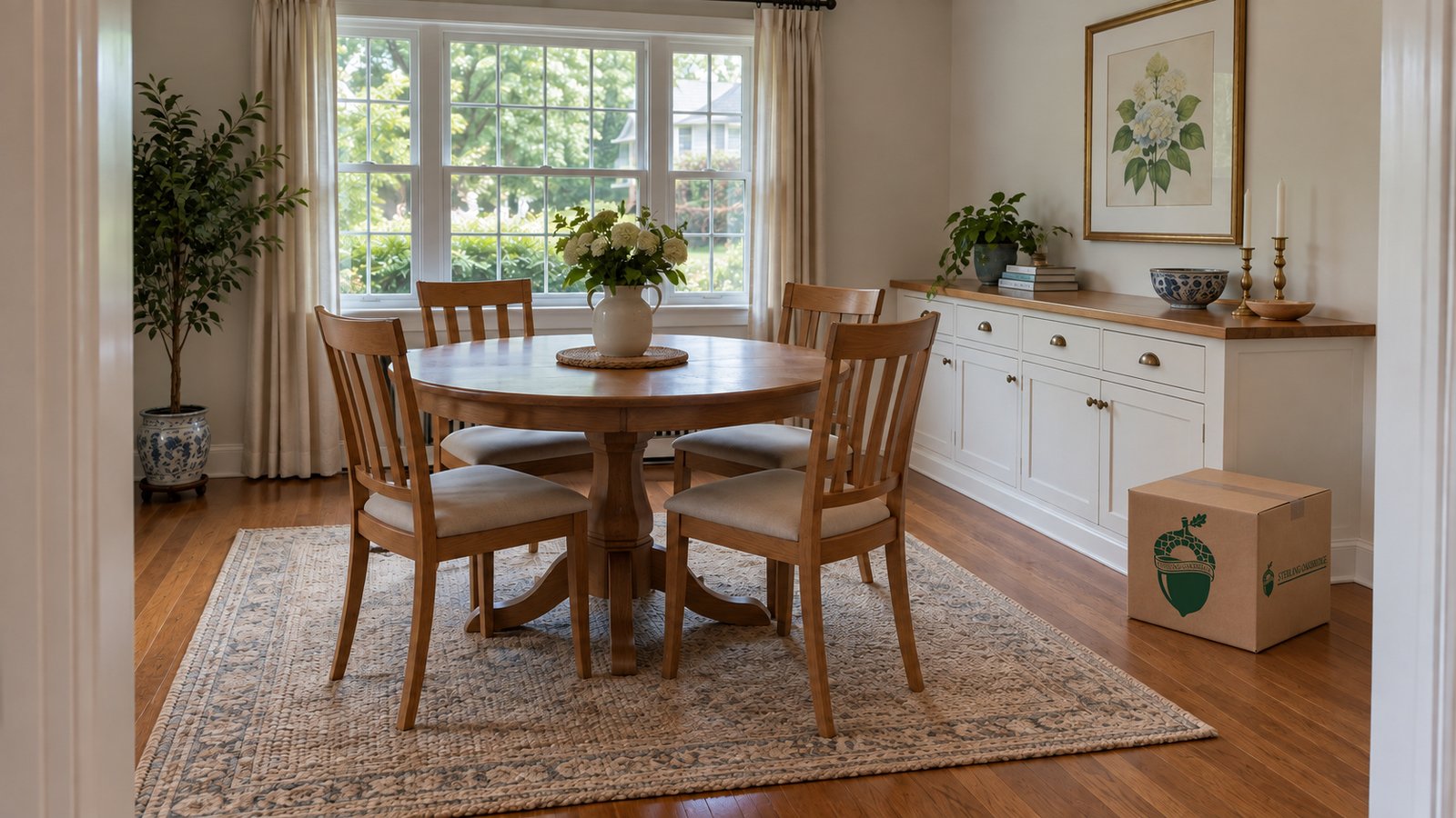 Usable rooms and circulation Round oak dining table with four chairs, a built-in sideboard and one small kraft carton on the floor.