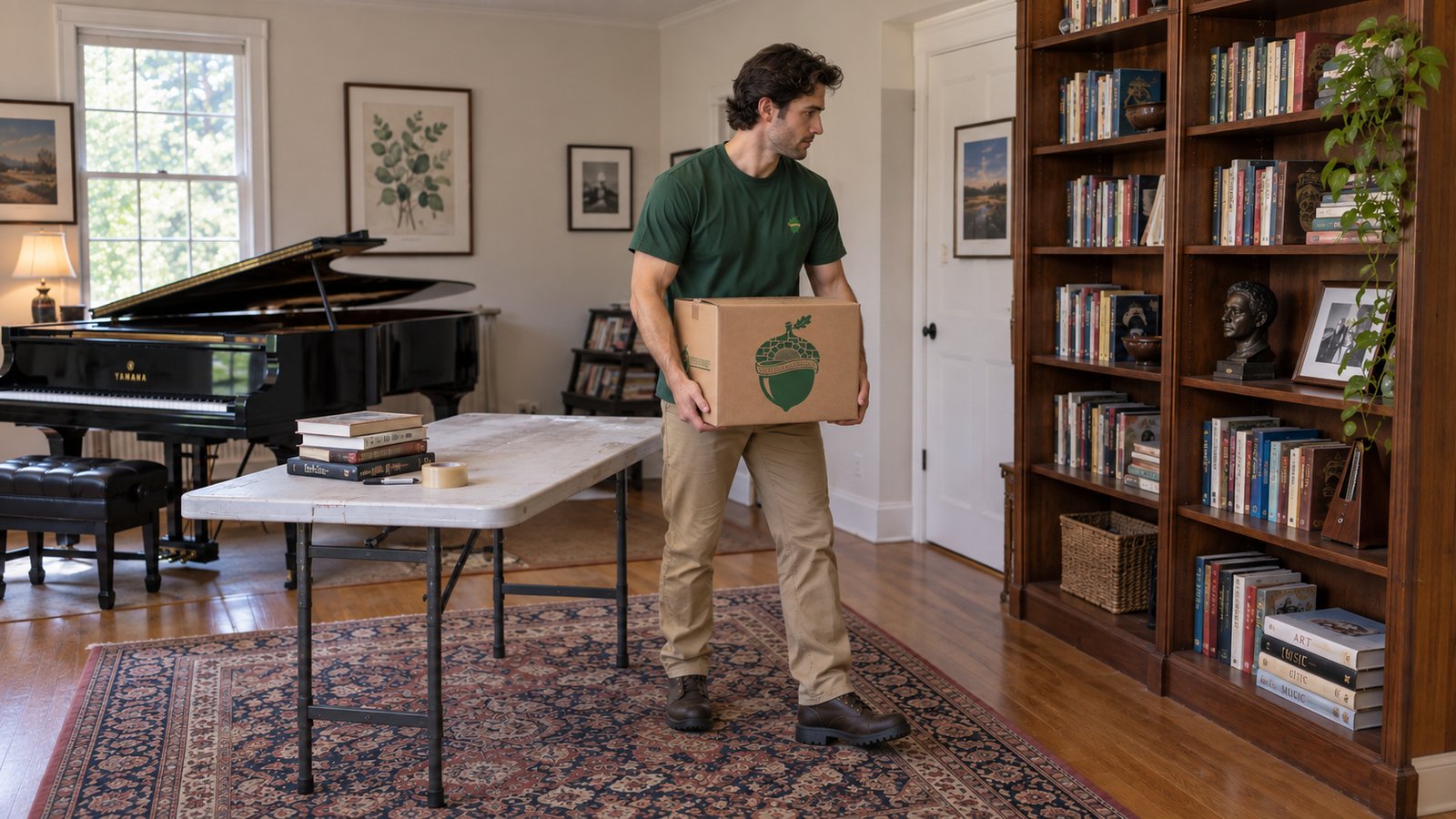 Lifting a packed carton Male mover supporting a closed Book carton with both hands beside a folding workbench and piano.