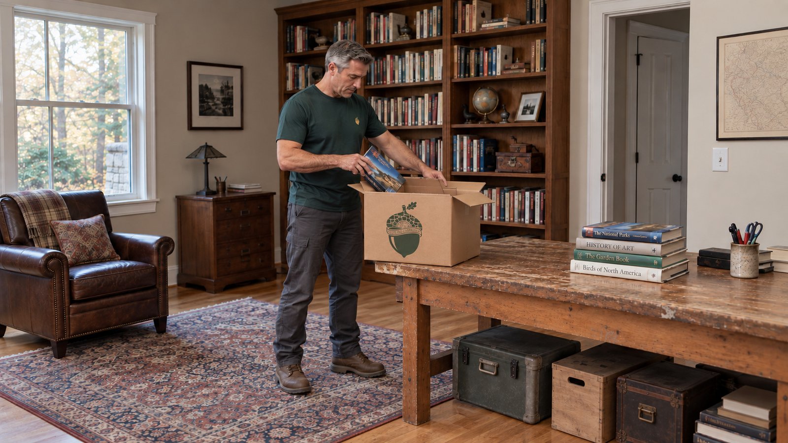 Packing a book collection Male mover placing a book into an open kraft Book carton on a wooden workbench.