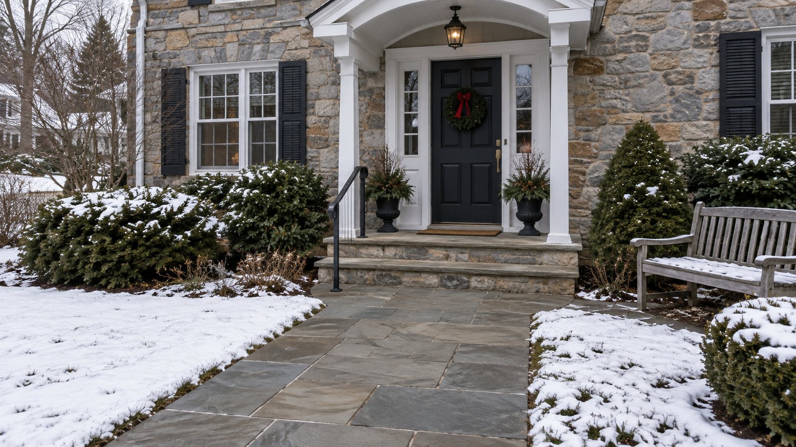 Preparing the winter approach Cleared stone walk and two steps with a handrail lead to a closed front door beside residual snow.