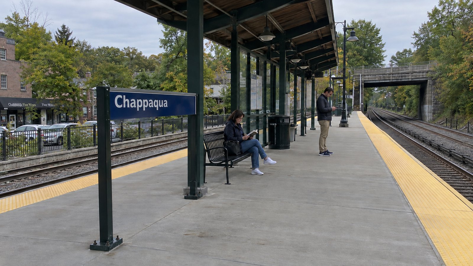 Checking the rail routine Two passengers on a suburban rail platform between two tracks beneath a blue Chappaqua sign.