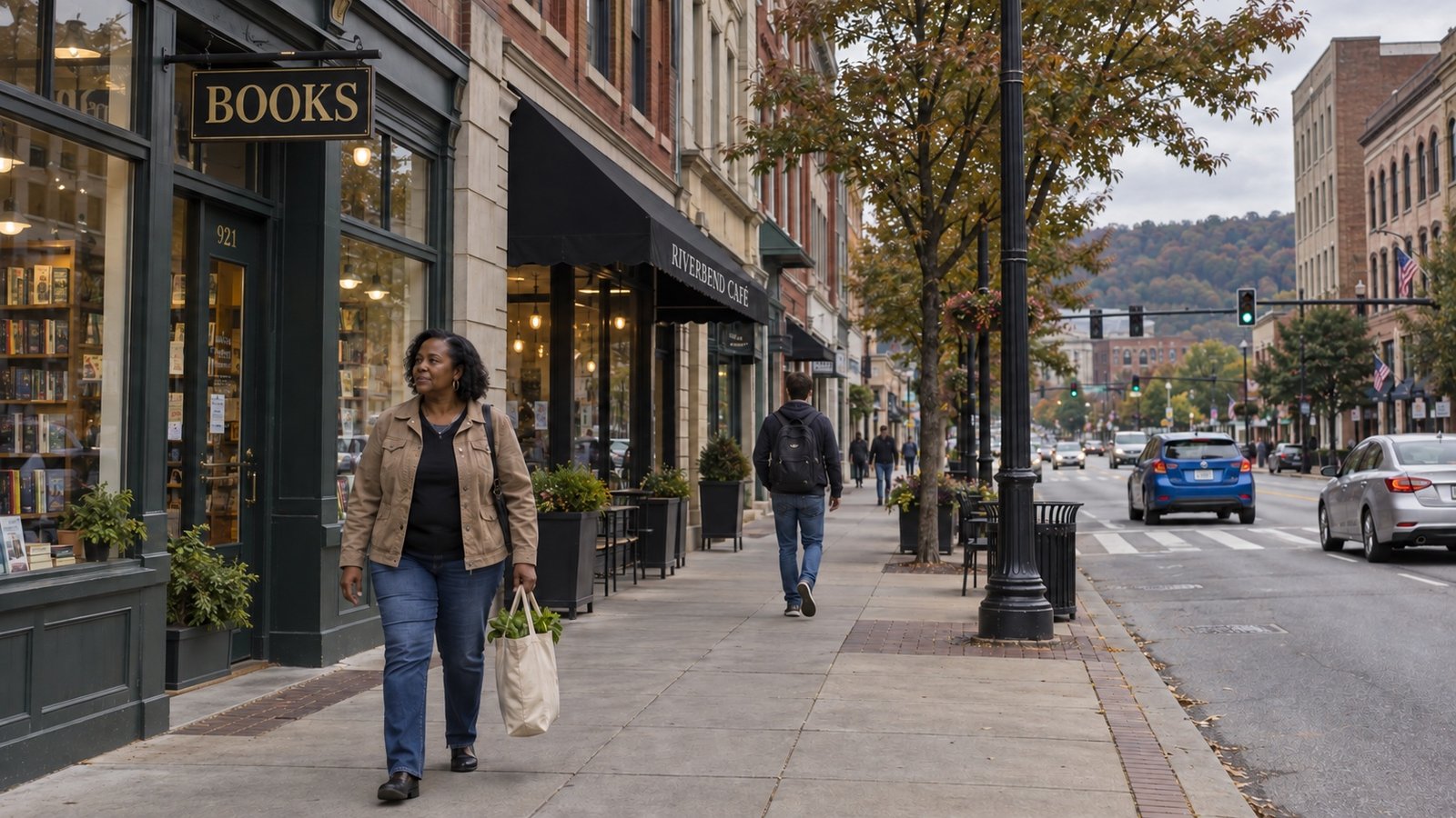 Woman carrying a grocery bag along a brick bookshop and cafe block with pedestrians and traffic