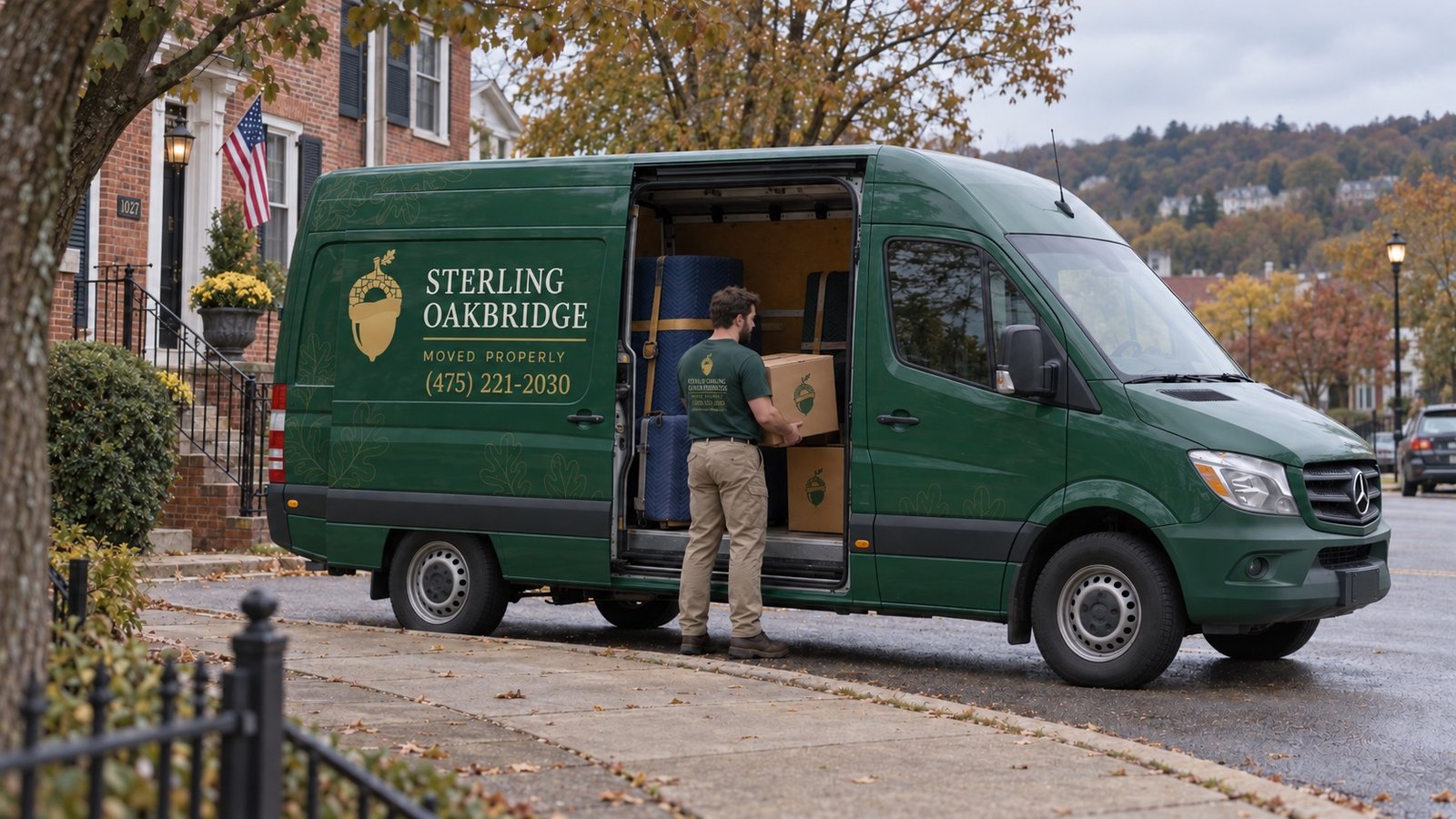 Sterling Oakbridge Sprinter with its side door open as a mover loads a branded carton from the curb