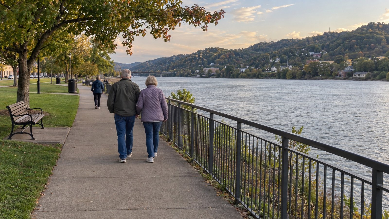 Older couple and another walker on a riverside path with a railing and wooded hills