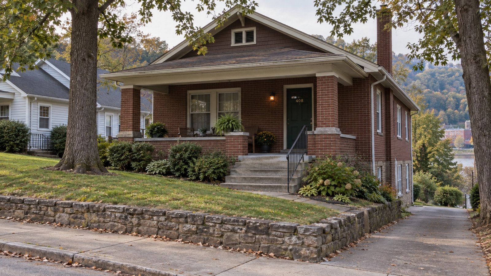 Brick bungalow with a raised porch, front steps, oak trees and a sloping side drive