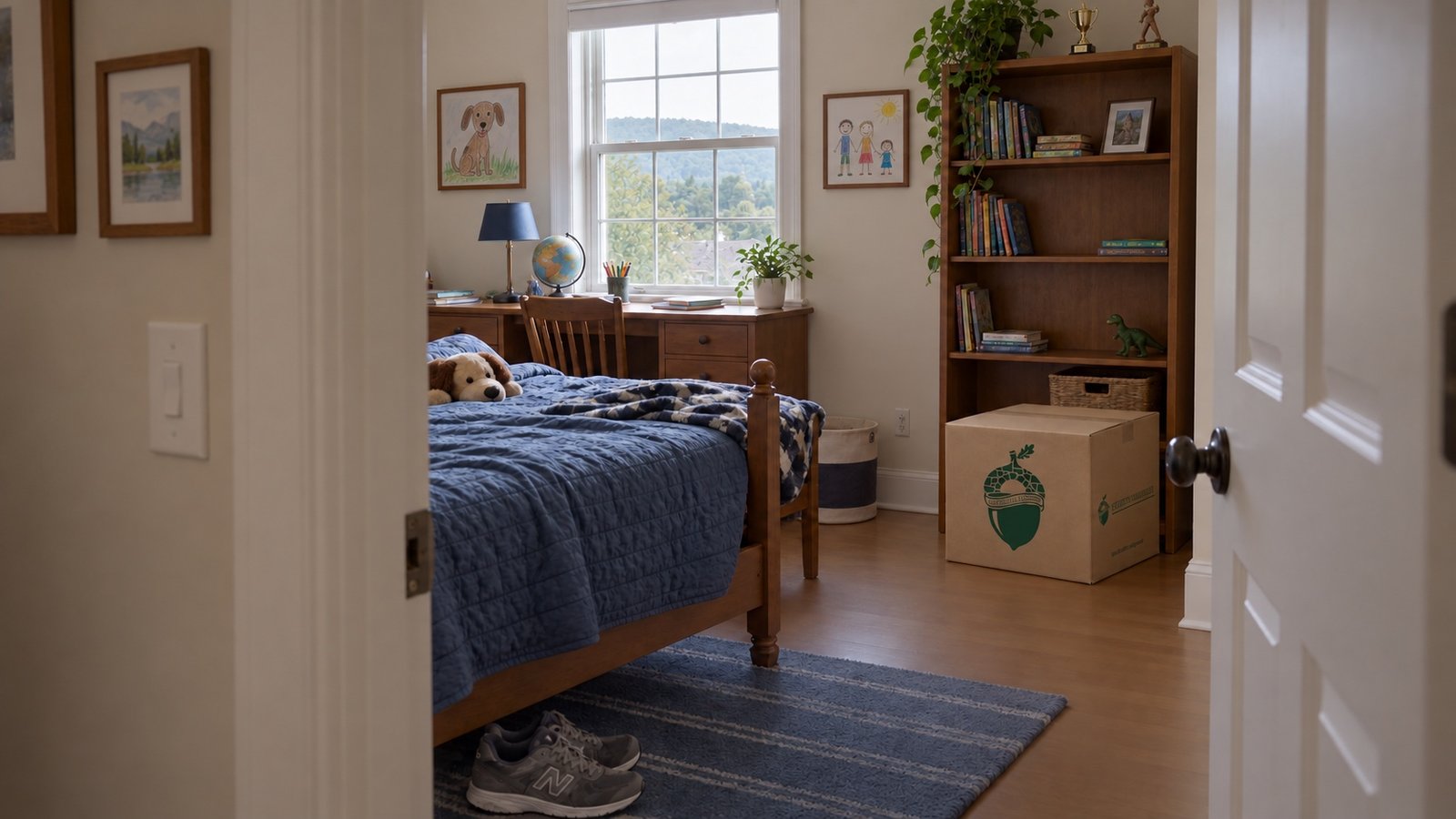 Partly packed child bedroom viewed through a doorway, with a desk, bookcase and branded linen carton