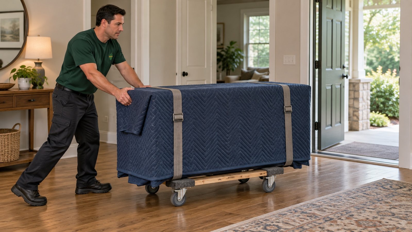 Mover pushing a cabinet protected by layered blankets on a compact wooden dolly toward an open doorway