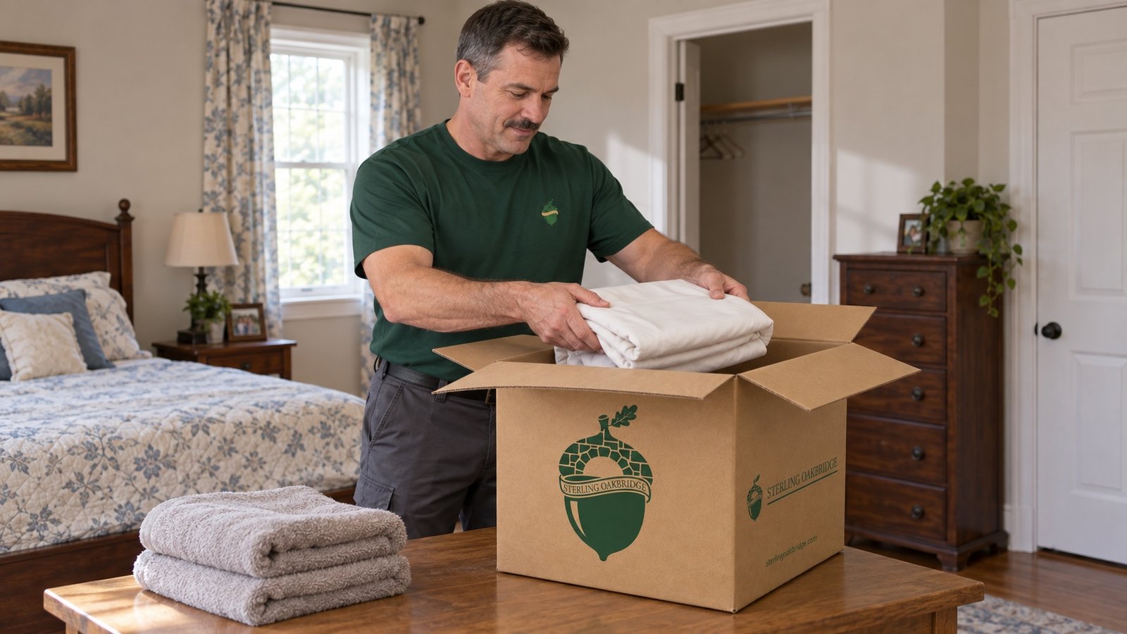 Mover placing folded sheets into an open branded kraft carton beside towels