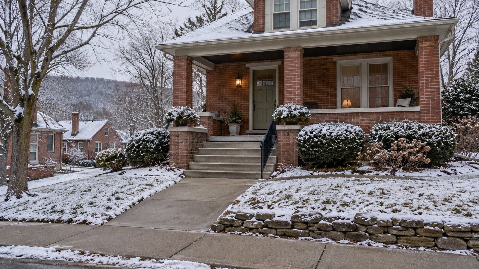 Cleared concrete walk and porch steps at a brick house with snow on the lawn