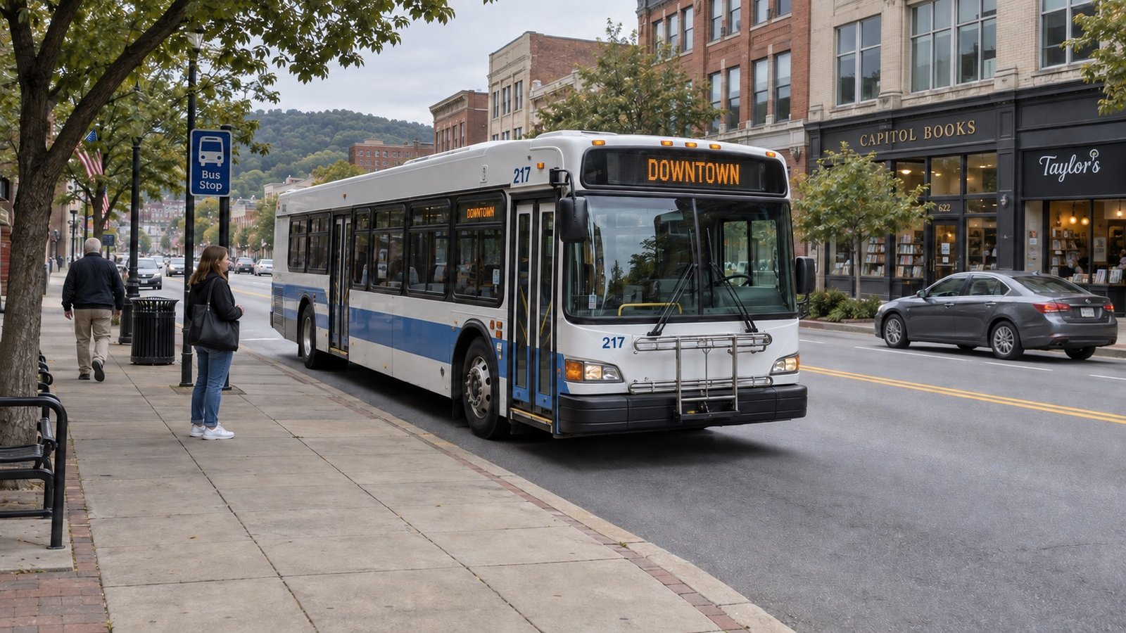 White and blue bus at a sidewalk stop with pedestrians and a clear lane ahead