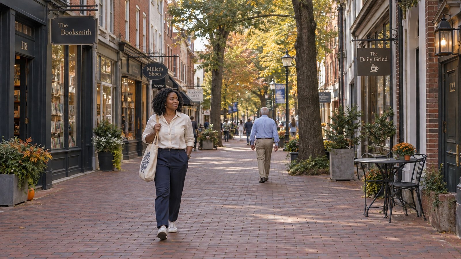 Woman carrying a cloth tote along a brick pedestrian street with shops and trees