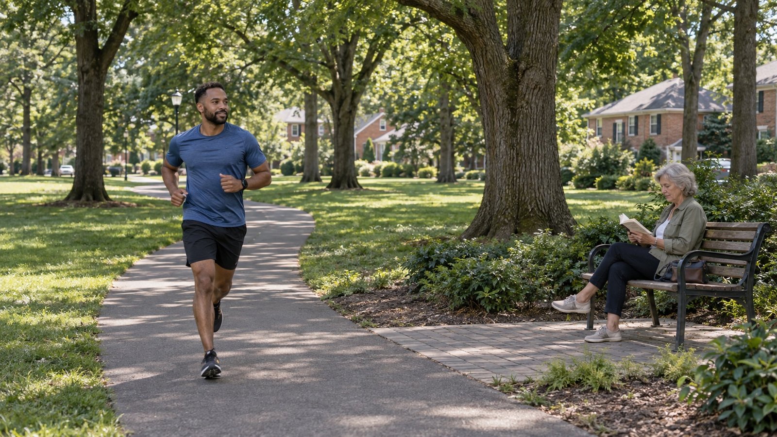 Man jogging on a shaded park path beside an older woman reading on a bench