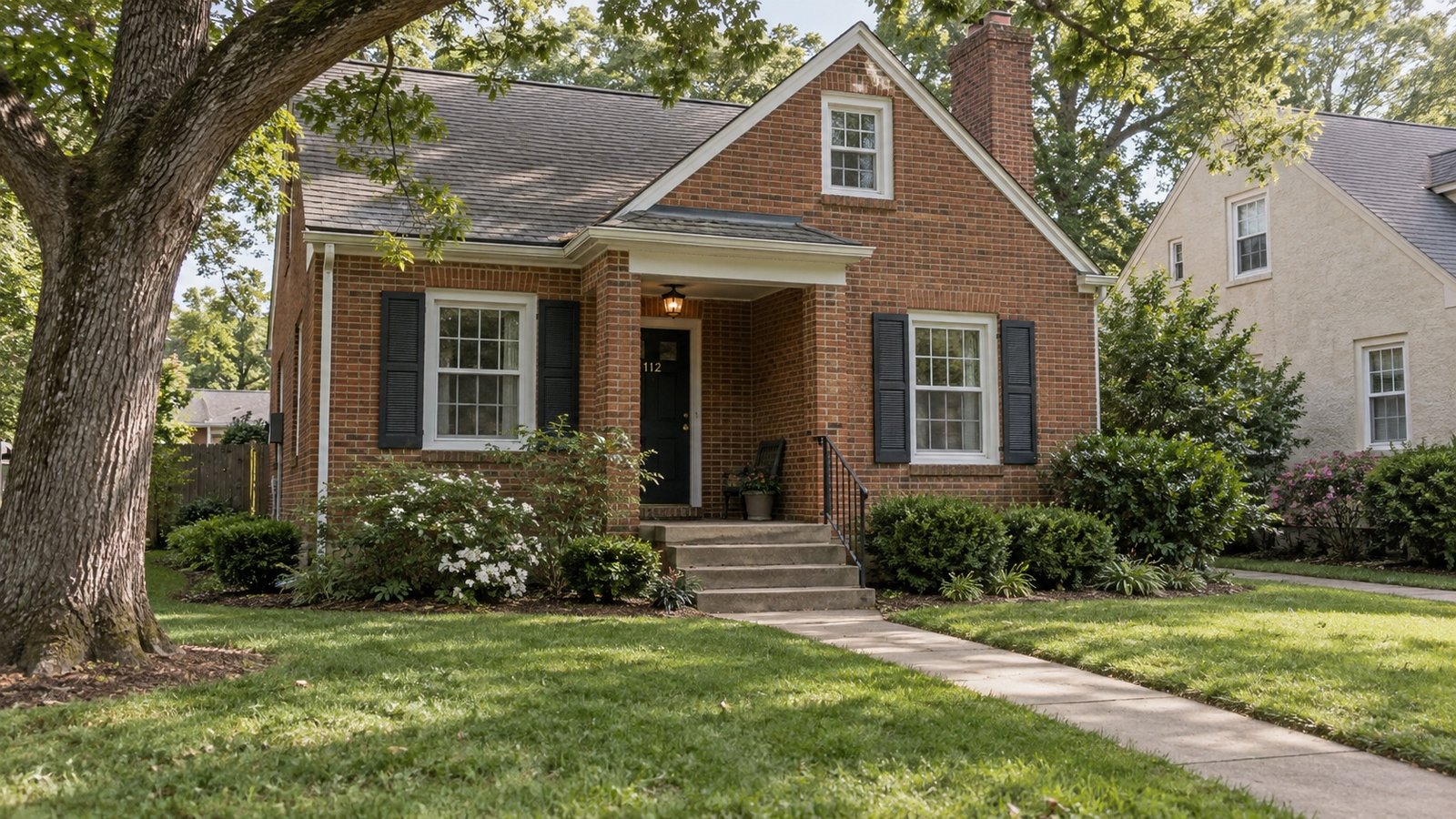 Red-brick cottage with a recessed porch, mature oak and clear concrete walk