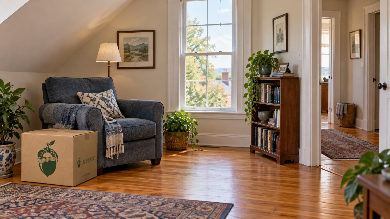 Closed branded kraft carton beside a blue-gray armchair and open hallway