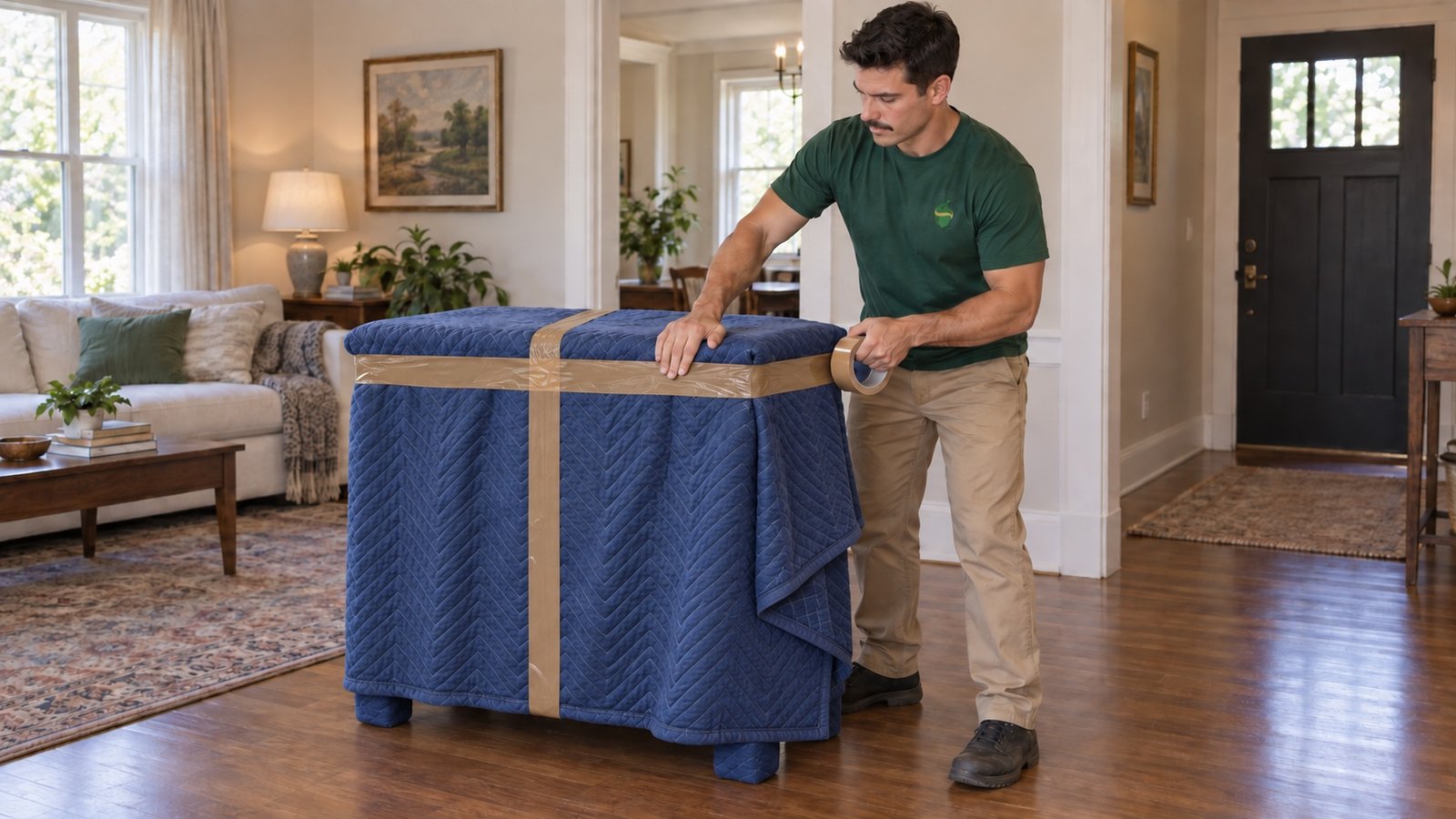 Mover securing overlapping blue moving blankets around a chest with protected feet