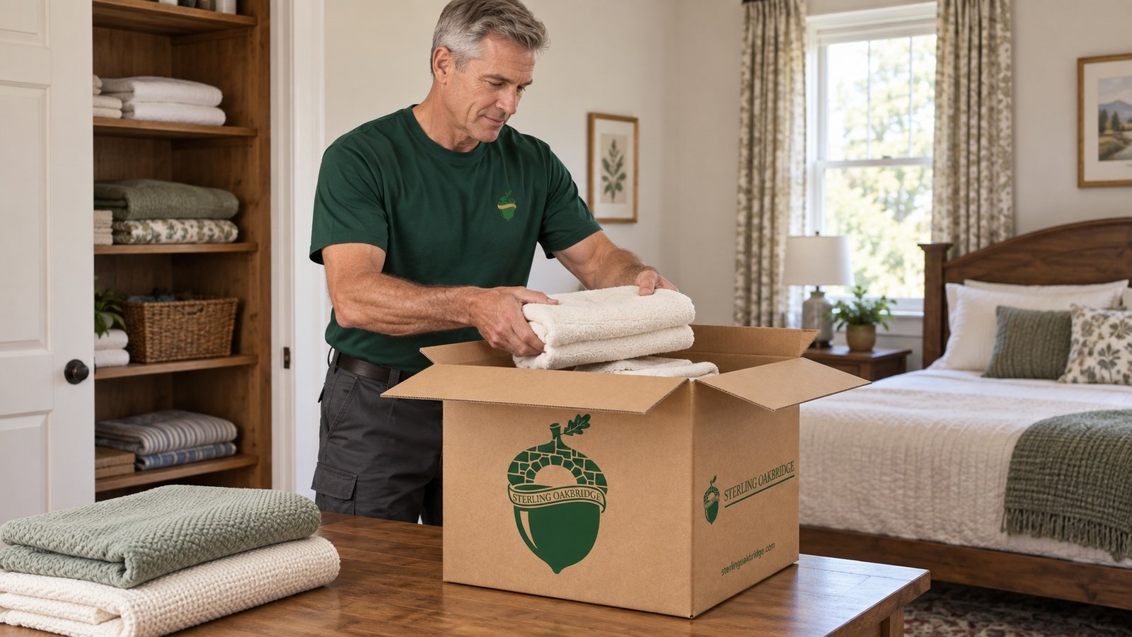 Gray-haired mover lowering folded towels into an open branded kraft carton