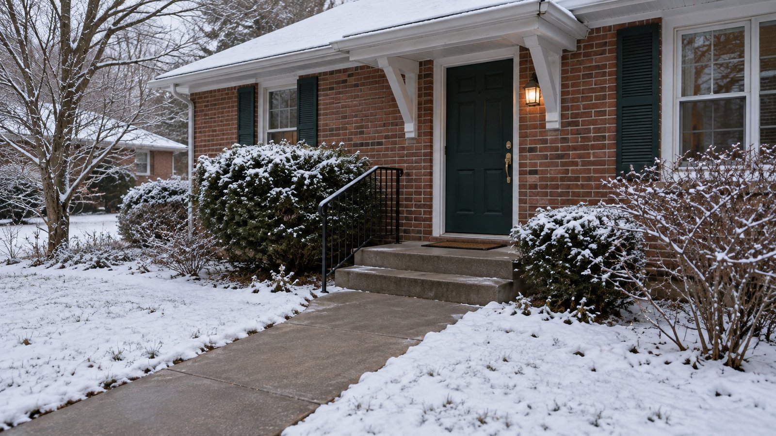 Cleared concrete walk and two front steps at a brick home after light snow