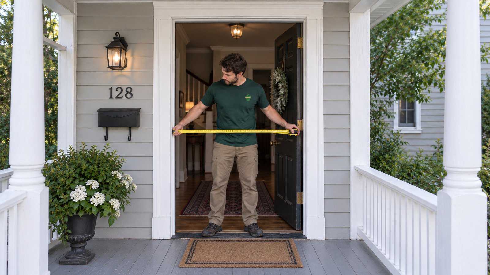 A male mover measuring an open doorway while standing on a covered porch.