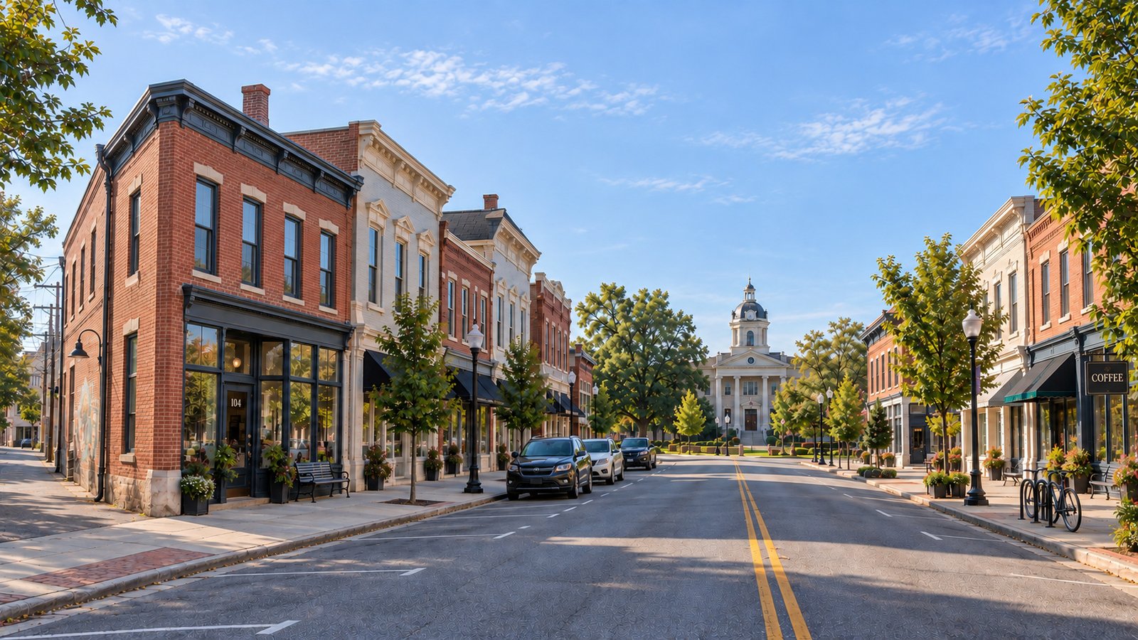 Explore the surroundings Brick storefronts and a modest civic building along a small-town street.