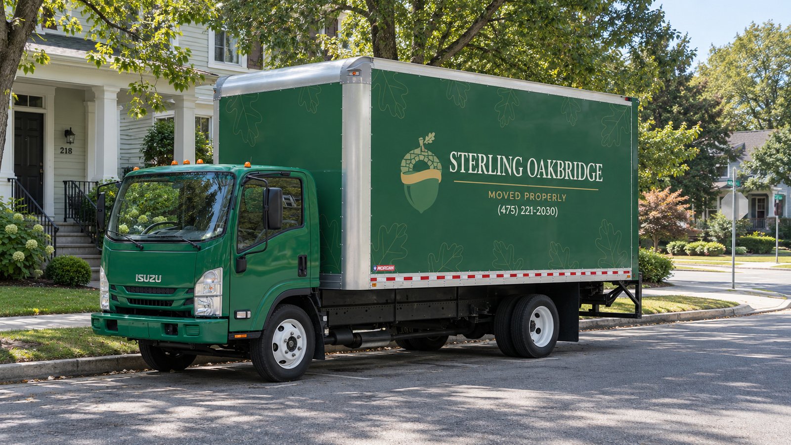 A complete green Sterling Oakbridge Isuzu box truck standing beside a residential curb.