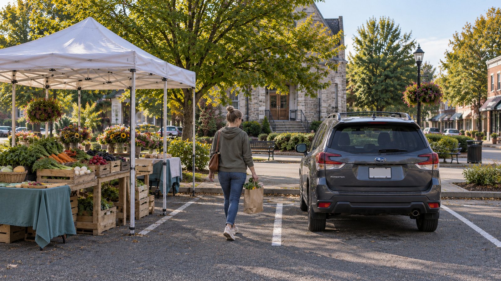 Check everyday errands A woman carrying a grocery bag from a produce stall toward a parked SUV.