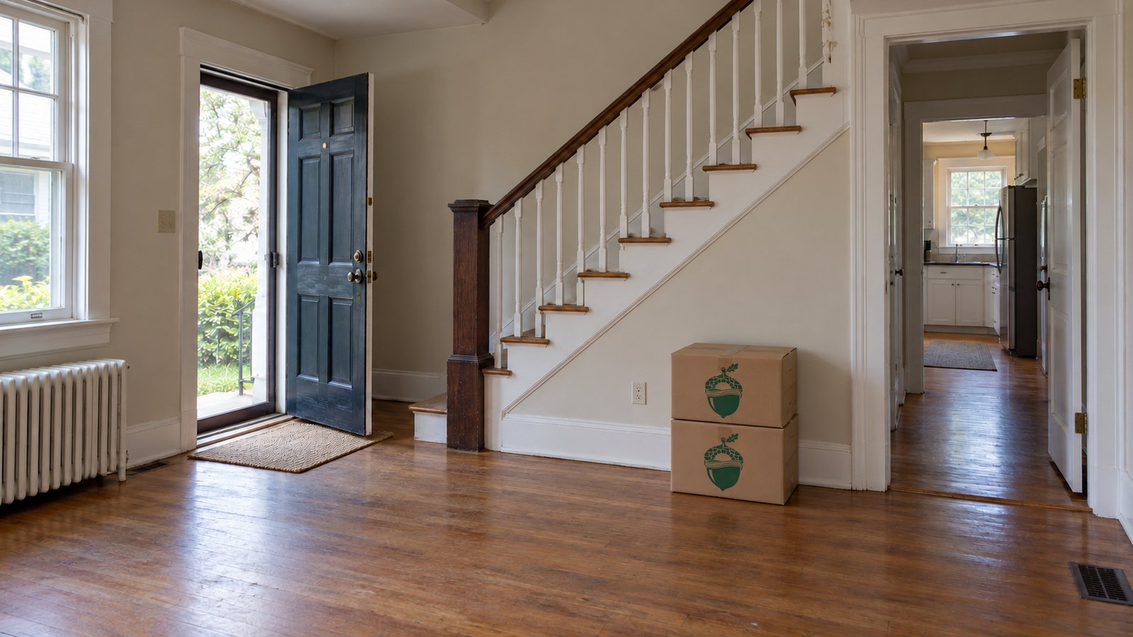 Check household circulation An entry hall and staircase with two closed kraft cartons stacked beside a wall and a clear passage to the kitchen.