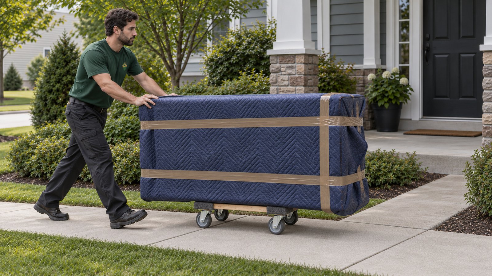 A male mover pushing a blanket-wrapped dresser on a compact furniture dolly along a concrete path.