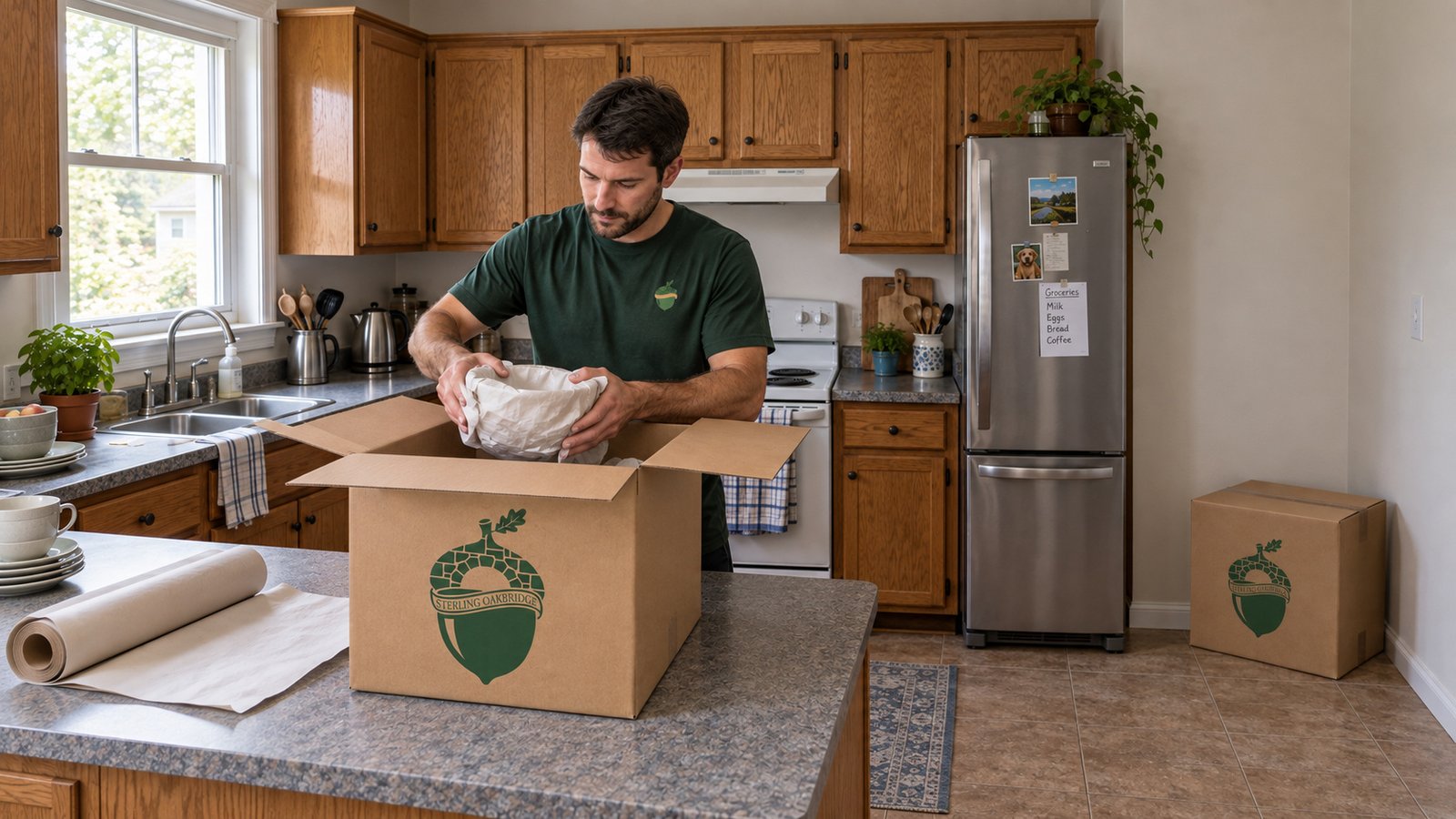 A male employee wrapping a bowl above an open kraft carton on a kitchen counter.
