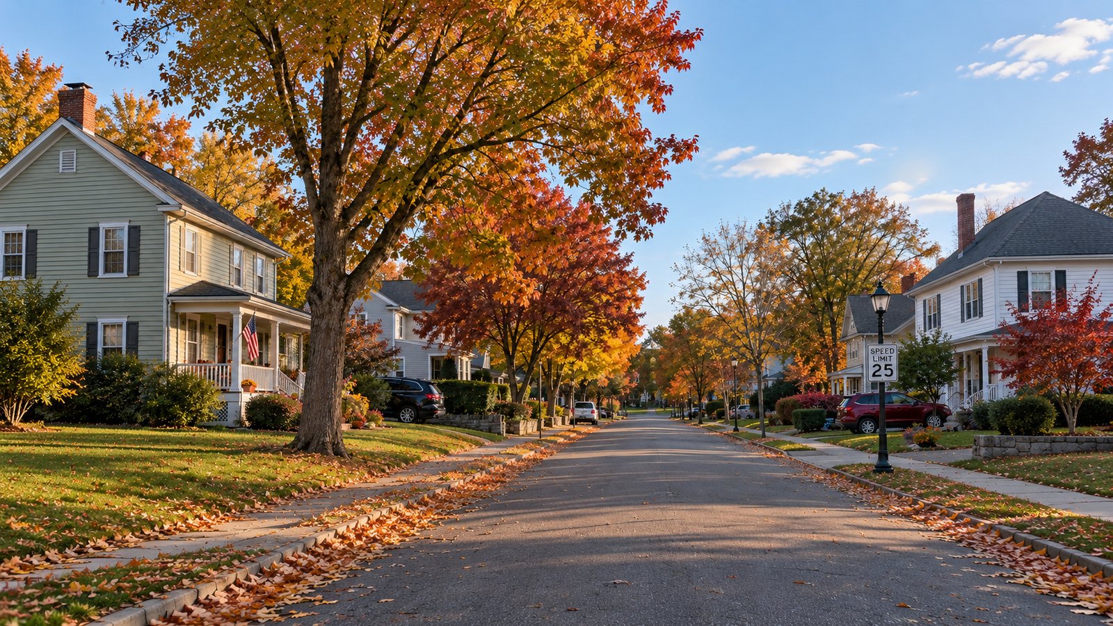 Review seasonal access A quiet residential street with houses, sidewalks and autumn foliage.