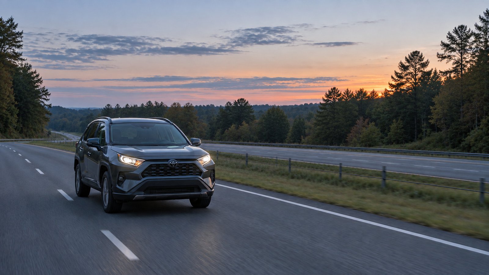 Test the daily drive A gray SUV approaching on a divided highway through low rolling terrain at dawn.
