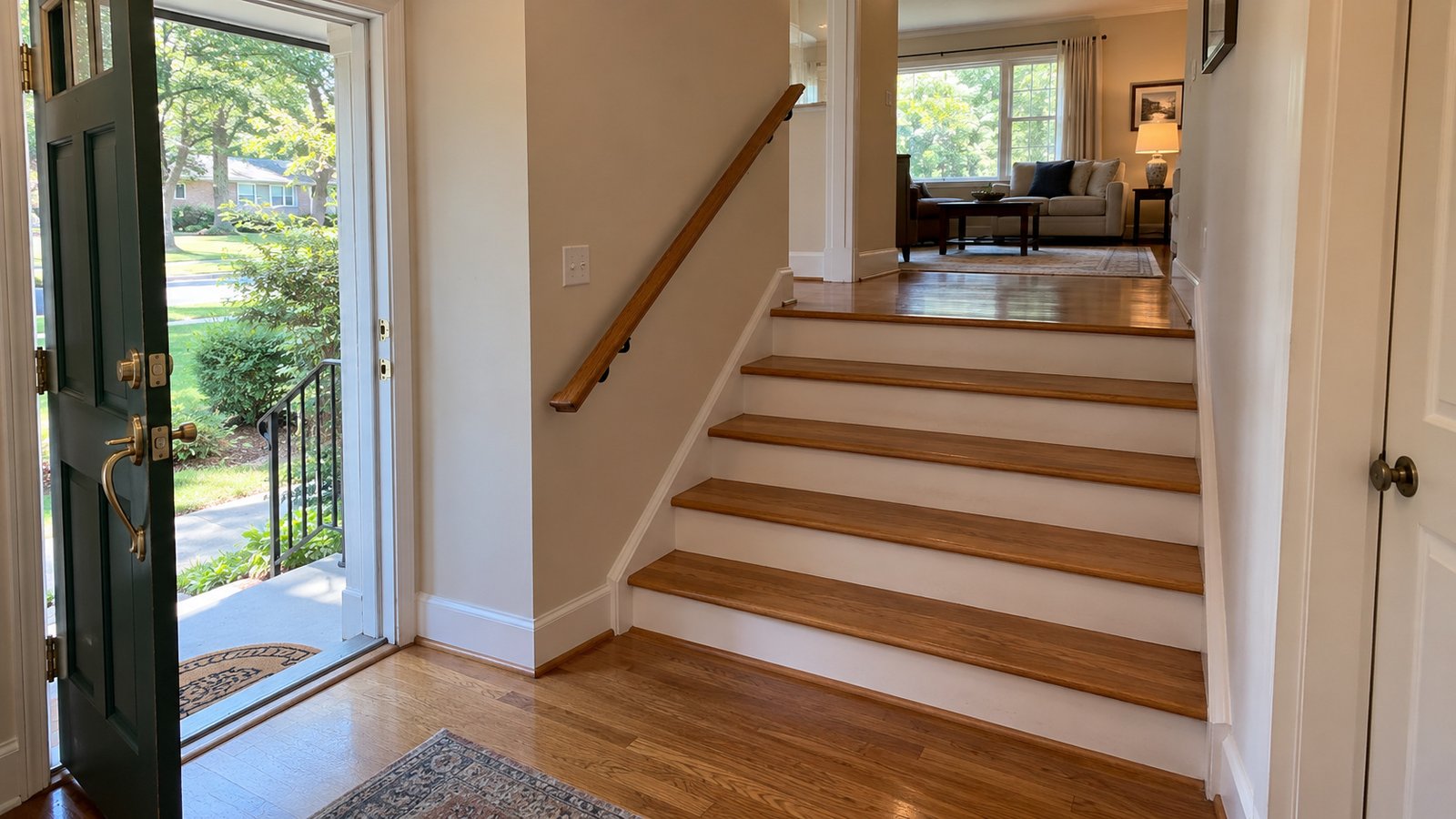 Include short internal stair flights A ground-level entry hall beside a short wooden staircase rising to a main living-room landing.